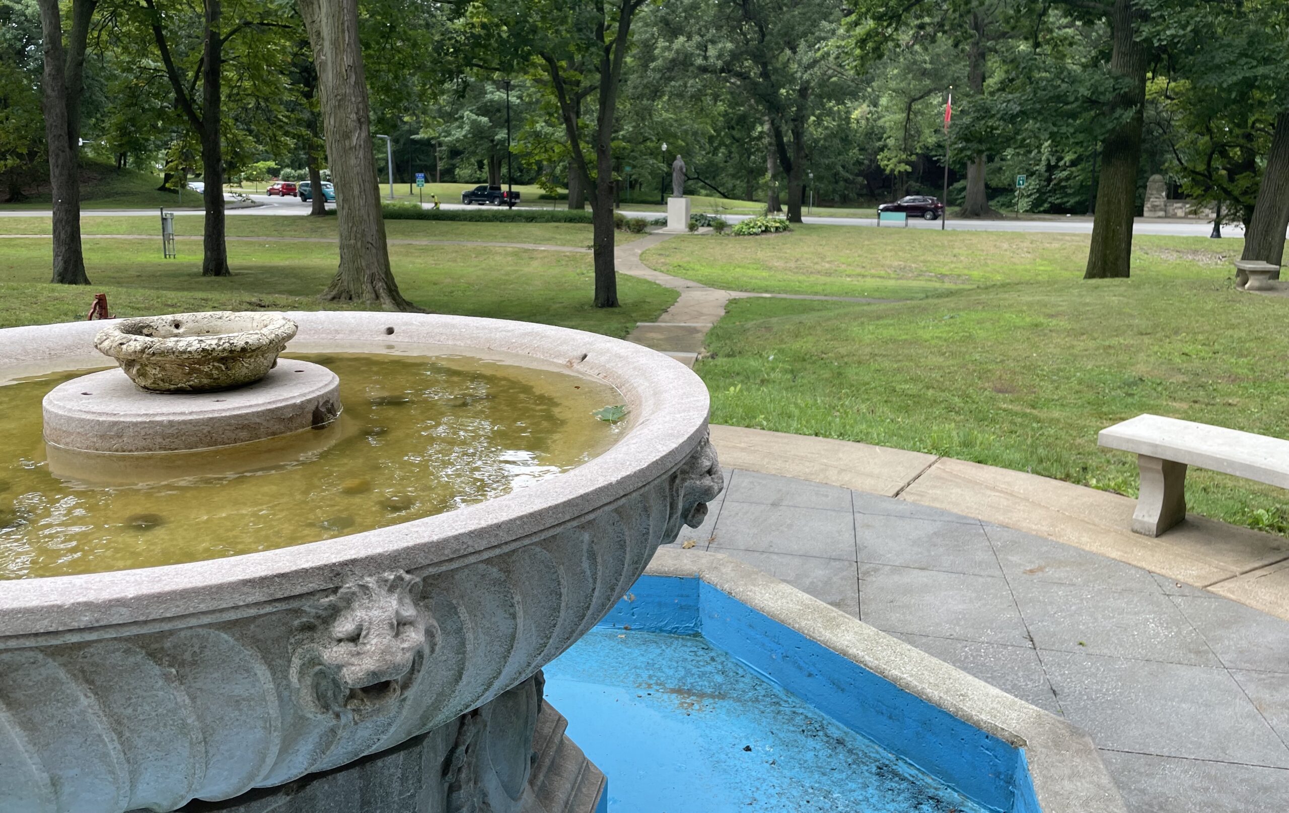 This 1920s granite fountain was once located on the north side of Cleveland’s City Hall, then moved and lost. After rediscovery, it was installed in 2013 on the hill behind the Mother Teresa statue in the Albanian Cultural Garden.